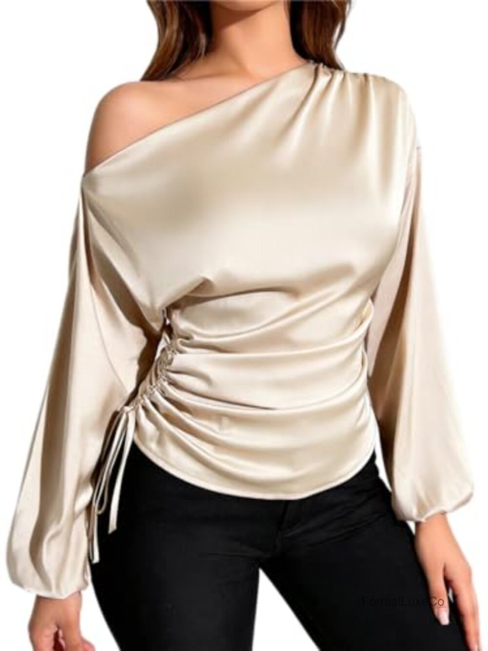 Satin Off Shoulder Lantern Long Sleeve Blouse Drawstring Side Asymmetrical Neck